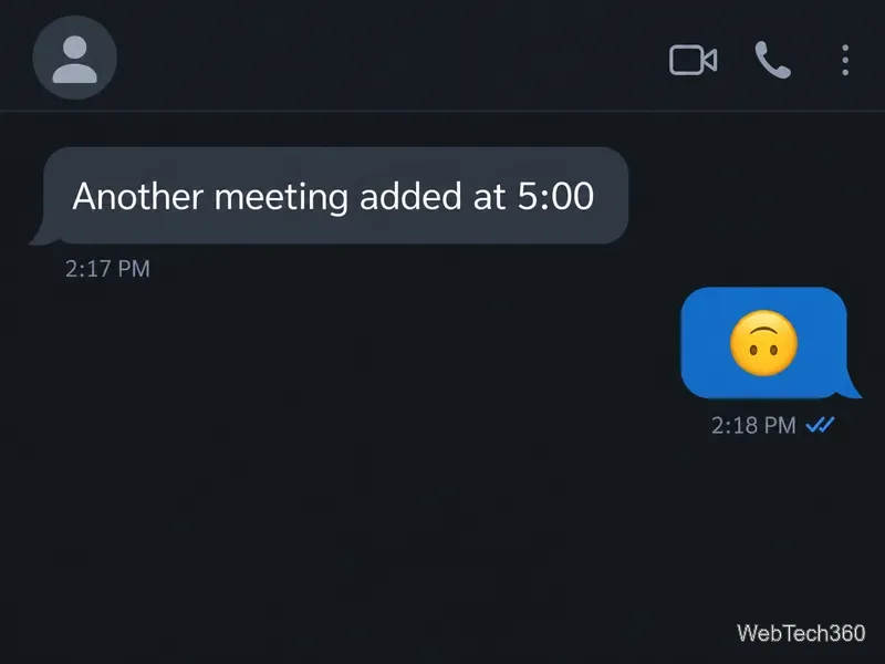 Un écran de messagerie générique et sombre affichant le message « Une autre réunion a été ajoutée à 17h00 », suivi de l'emoji visage à l'envers.
