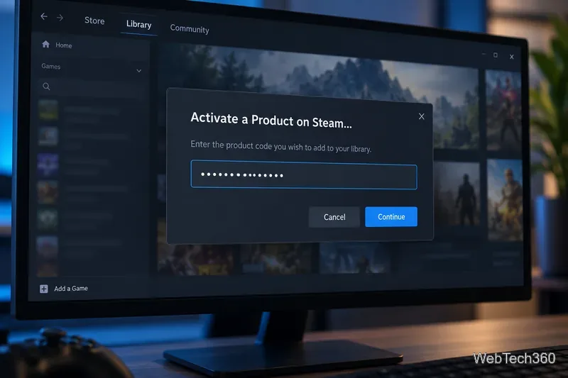 Exemple de boîte de dialogue d'activation du client Steam avec un code produit masqué et un bouton Continuer