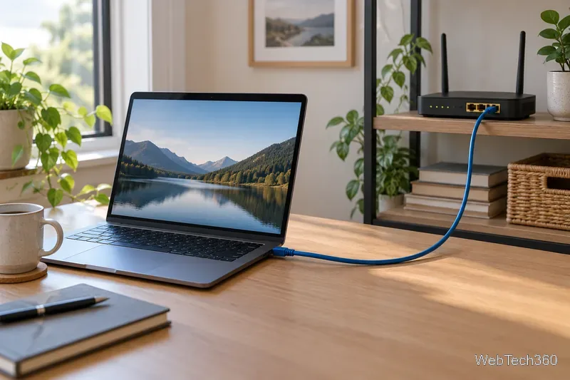 ノートパソコンを机の上の家庭用Wi-Fiルーターに接続する青いイーサネットケーブル