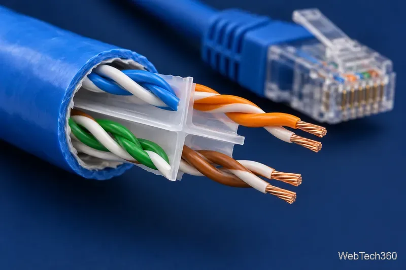 青いイーサネットケーブルの被覆の中に、4対の撚り合わせた銅線が見える。