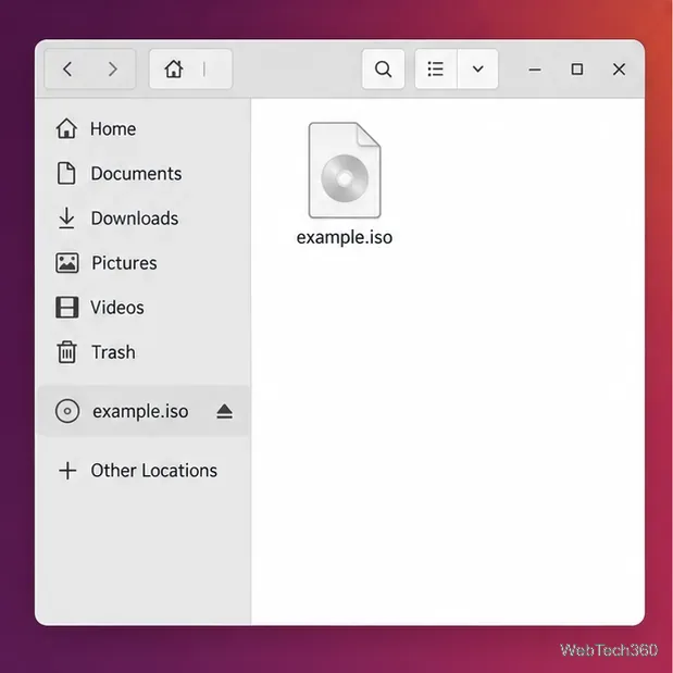 Exemplo ilustrativo do gerenciador de arquivos Linux, mostrando o arquivo example.iso na pasta Downloads e um volume example.iso montado na barra lateral.