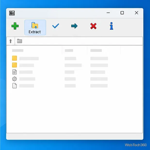 Janela ilustrativa do gerenciador de arquivos 7-Zip com um botão "Extrair" acima dos arquivos contidos em uma imagem ISO.