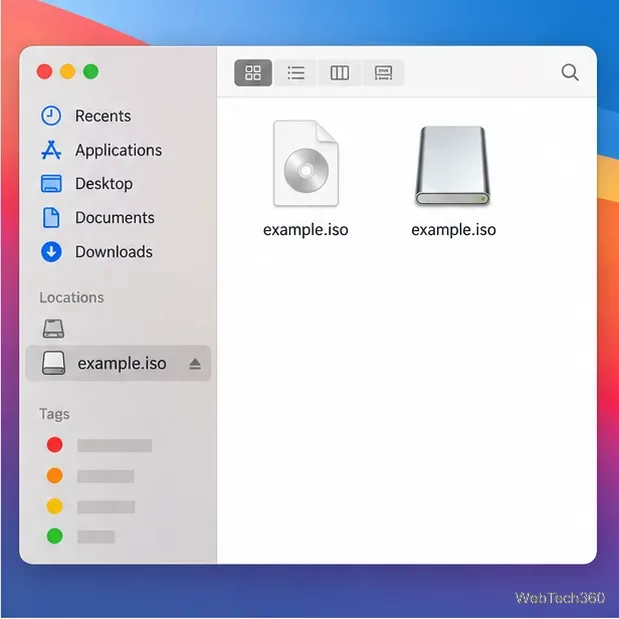 Janela ilustrativa do Finder do macOS mostrando o arquivo example.iso e um volume de imagem de disco montado na barra lateral Locais.