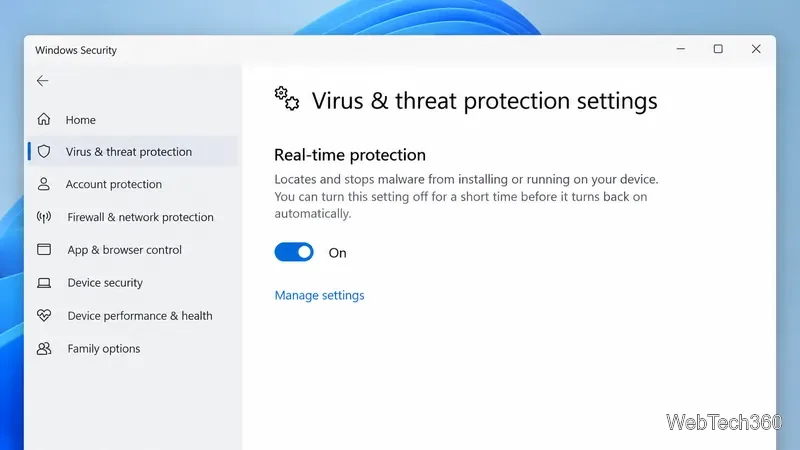 Setări de protecție împotriva virușilor și amenințărilor de securitate Windows cu protecția în timp real activată