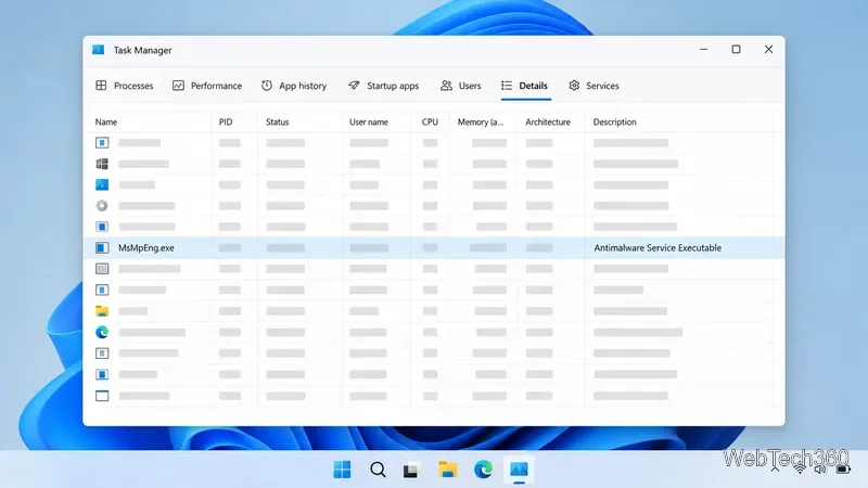 Fila Detalii Manager activități care afișează MsMpEng.exe cu executabilul serviciului antimalware ca descriere