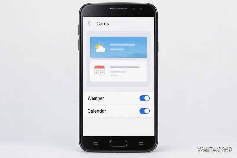 Uma tela de configurações de Cartões no estilo antigo, com linhas para Clima e Calendário e opções para ativar/desativar funções.