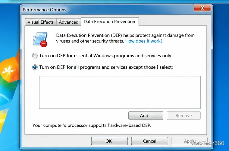 L'onglet « Prévention de l'exécution des données » de Windows 7 affiche l'option pour tous les programmes sauf certaines exceptions.