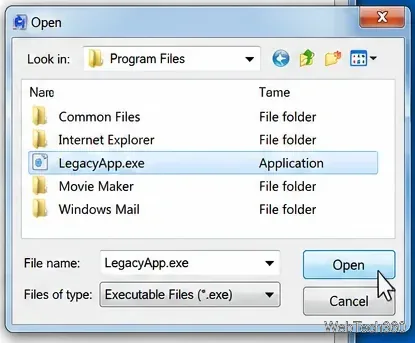 Ouvrir la boîte de dialogue de fichier avec un exemple d'exécutable LegacyApp.exe sélectionné pour une exception DEP.