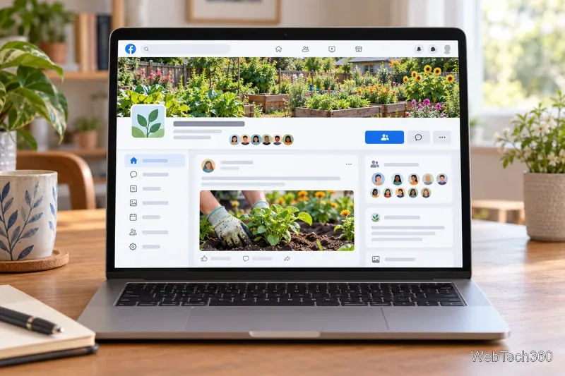 ノートパソコンに表示された、Facebook風のガーデニンググループ画面。庭のカバー写真、メンバーのアバター、ディスカッション投稿が表示されている。