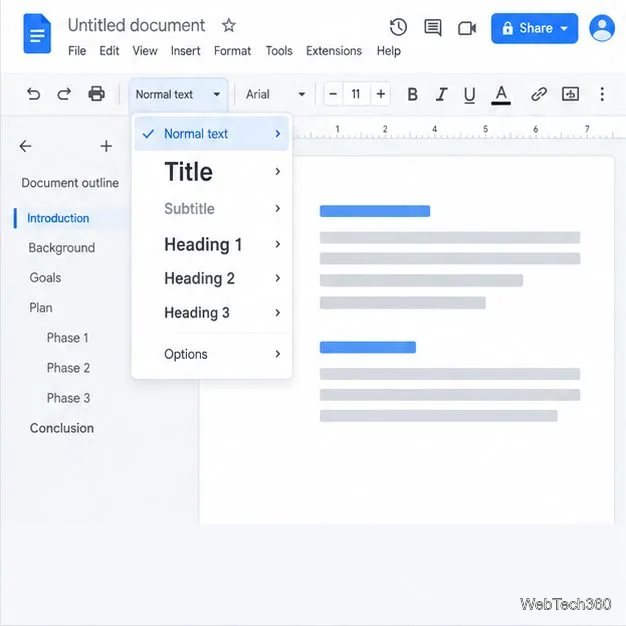 В меню стилей абзацев Google Docs отображаются уровни заголовков и структура документа.