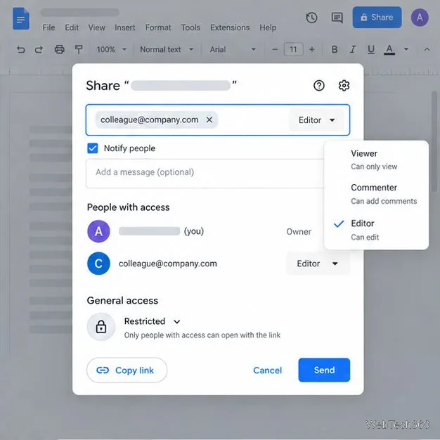 Диалоговое окно для обмена документами Google Docs с ограниченным доступом и ролями «просмотрщик», «комментатор» и «редактор».