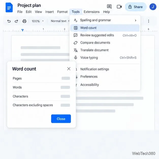 Диалоговое окно подсчета слов в Google Docs отображает количество страниц, слов и символов без примеров итоговых значений.