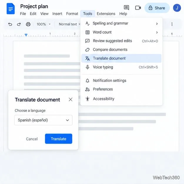 В Google Docs есть меню документа и диалоговое окно выбора языка.