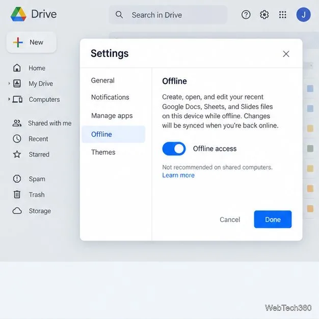 Диалоговое окно настроек Google Диска с включенным автономным доступом.