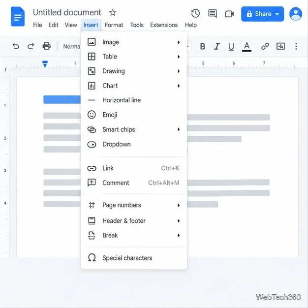 Вставка в Google Документы: меню с параметрами для изображений, таблиц, ссылок и номеров страниц.