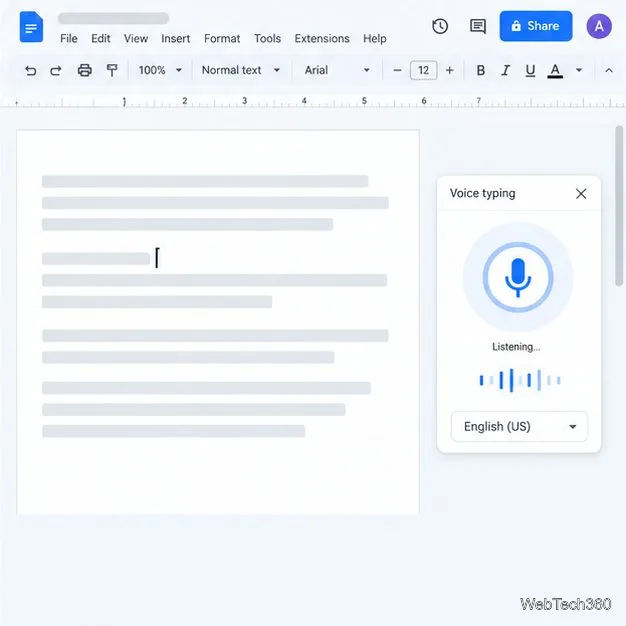 Панель голосового ввода в Google Docs с кнопкой управления микрофоном, расположенная рядом с документом.
