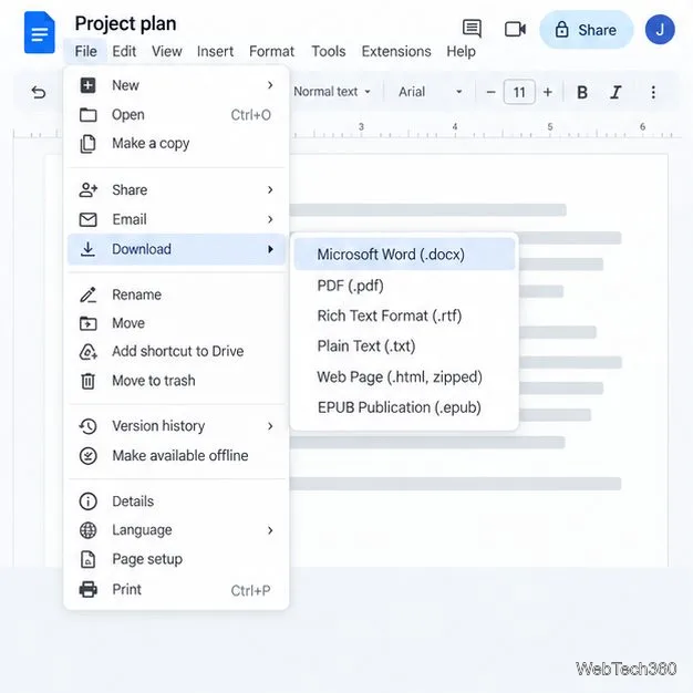 В меню «Файл» Google Docs отображаются форматы загрузки Microsoft Word и PDF.