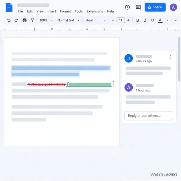 Документ Google Docs с предлагаемым вариантом правки и веткой комментариев рядом с выделенным текстом.
