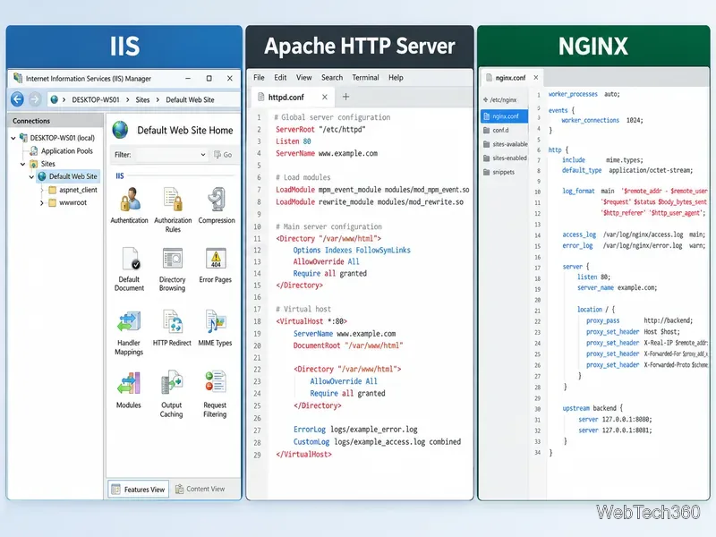 IISマネージャー、Apache HTTPサーバー構成ファイル、NGINXリバースプロキシ構成を比較する3つのソフトウェアパネル