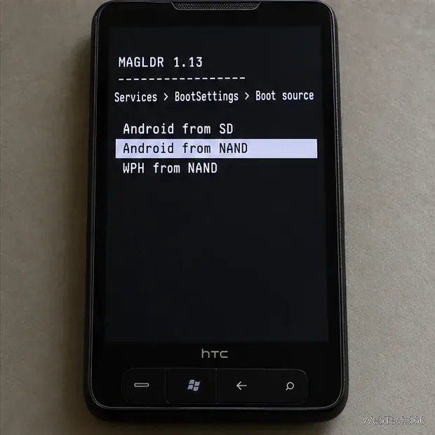 Menu de configurações de inicialização do MAGLDR mostrando Android a partir do SD, Android a partir do NAND e WPH a partir do NAND com Android a partir do NAND selecionado.