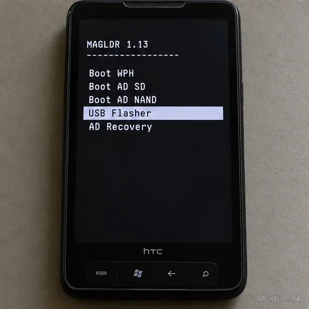 Menu de inicialização do MAGLDR 1.13 com o USB Flasher destacado abaixo das opções de inicialização do Android e do Windows Phone.