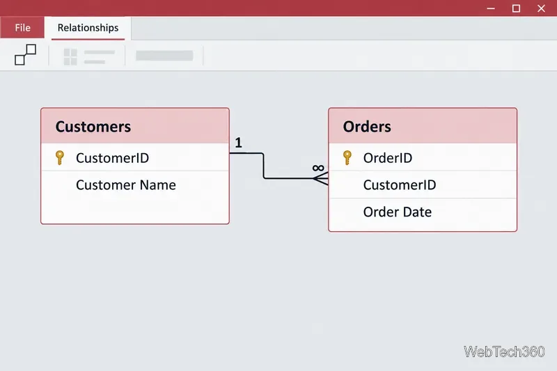 Vue illustrative de la relation reliant Customers.CustomerID à Orders.CustomerID dans une relation de base de données un-à-plusieurs.
