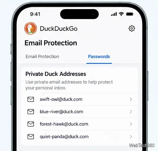 Capture d'écran illustrative de la protection des mots de passe de messagerie DuckDuckGo listant les adresses Duck privées se terminant par @duck.com.