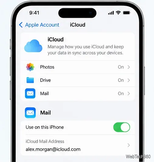 Exemple de configuration de la messagerie iCloud sur iPhone avec l'option « Utiliser sur cet iPhone » activée et une adresse de messagerie iCloud affichée.