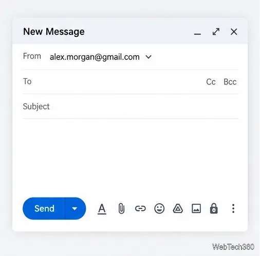 Illustration de la fenêtre de rédaction d'un e-mail Gmail, avec une adresse complète affichée dans le champ « De » et une liste déroulante pour le choix de l'expéditeur.
