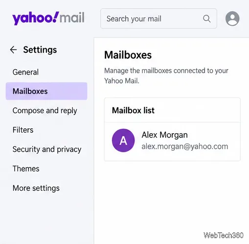 Exemple de page des paramètres de Yahoo Mail avec les boîtes aux lettres sélectionnées et une adresse complète sous la liste des boîtes aux lettres.