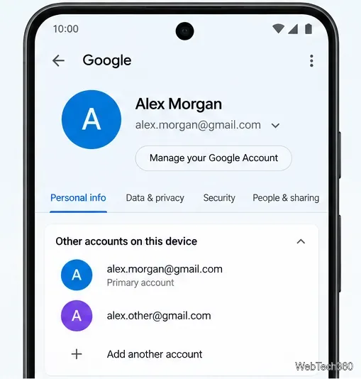 Page d'exemple des paramètres Google pour Android montrant l'adresse e-mail du compte Google sélectionné et d'autres comptes sur l'appareil.