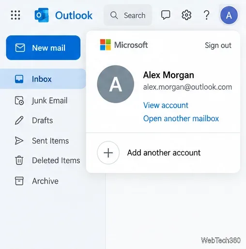 Exemple de menu de profil web Outlook avec l'adresse Outlook connectée affichée sous le nom du compte.