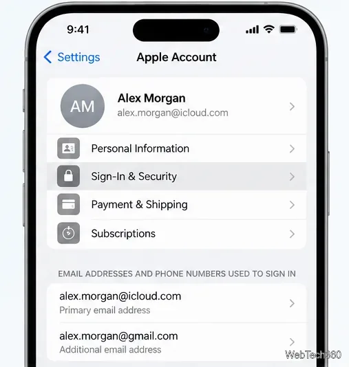 Capture d'écran illustrative de la page de connexion et de sécurité d'un compte Apple, indiquant une adresse e-mail principale et une adresse e-mail supplémentaire utilisées pour la connexion.