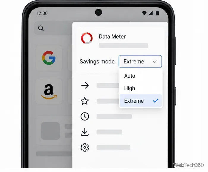 自動、高、極限のオプションが表示された節約モードメニューで、極限が選択されている。