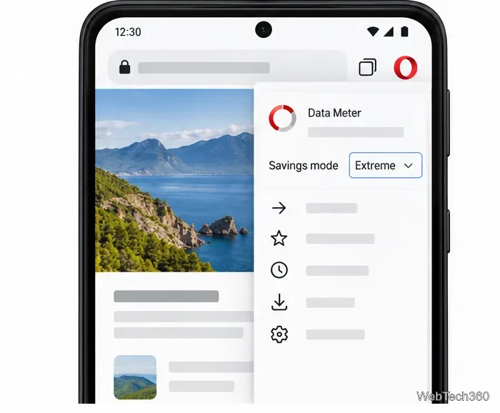 Opera Miniのウェブページで、メニューが開いており、節約モードが「極限」に設定されている。