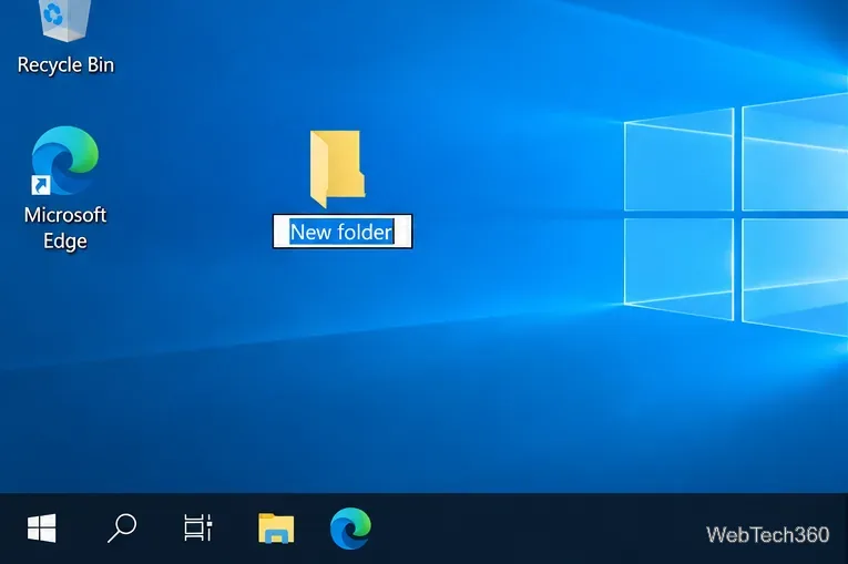 Windows 10 desktop with a new folder created and its name field ready to be edited