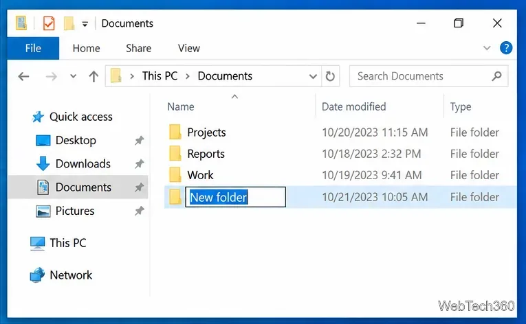 Windows File Explorer showing a newly created folder with the New folder name selected for editing