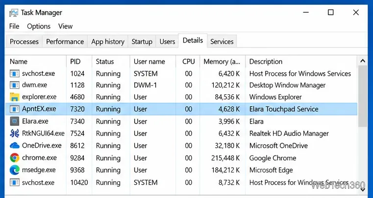 Вкладка «Подробности» в диспетчере задач, где выделен процесс ApntEX.exe.