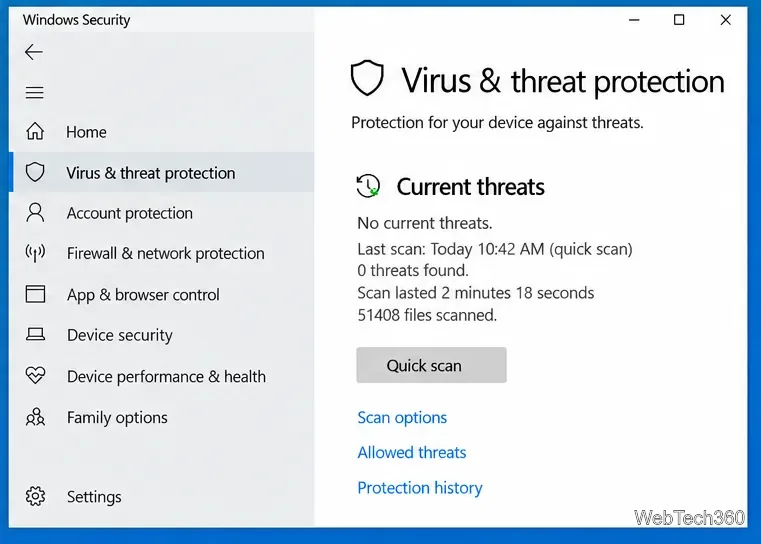 Страница «Защита от вирусов и угроз» в Windows после сканирования