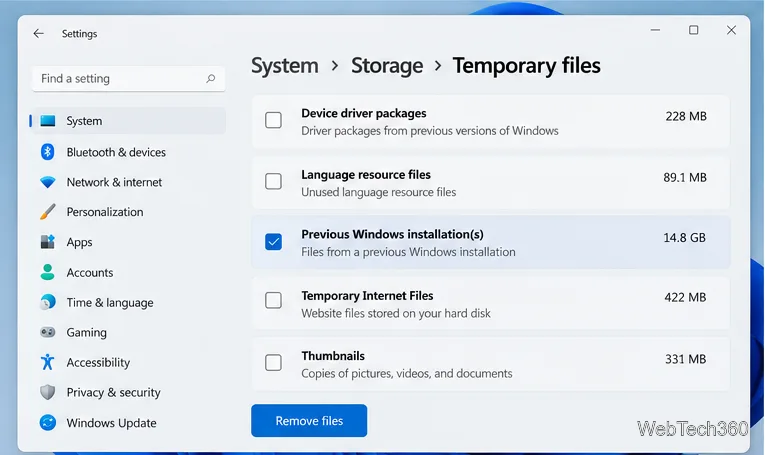 The Remove files button below the selected Previous Windows installation(s) category in Settings.