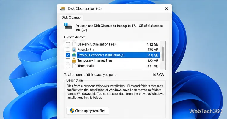 Disk Cleanup for drive C: with Previous Windows installation(s) selected and Clean up system files visible.