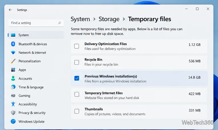 Temporary files in Settings with Previous Windows installation(s) selected and unrelated categories unchecked.