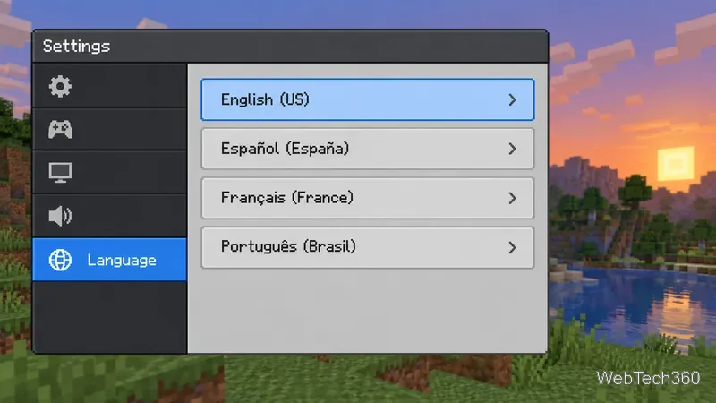 Bedrock-style Settings screen with Language selected and English, Spanish, French, and Brazilian Portuguese choices.