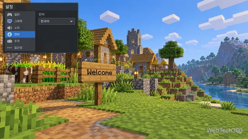 A Korean-language settings panel beside a Minecraft-style wooden sign that still reads Welcome in English.