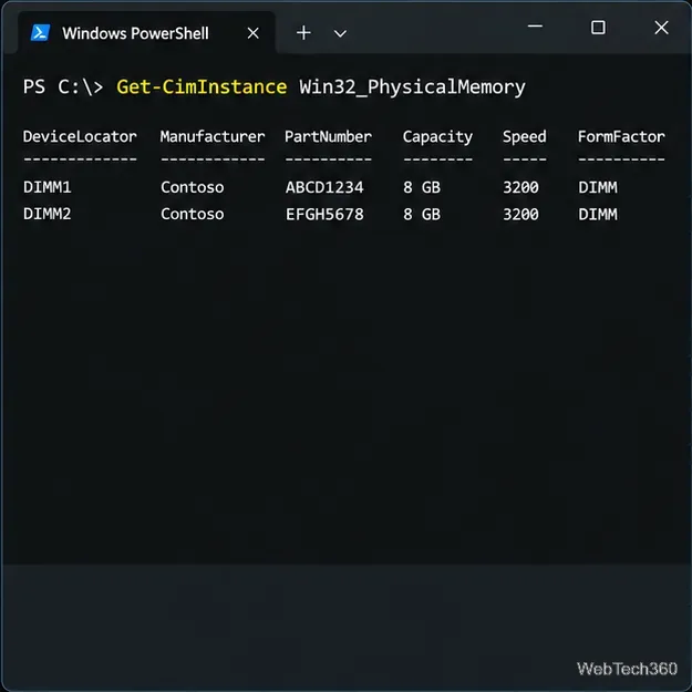 PowerShell 記憶體模組表,顯示裝置位置、零件號碼、容量和報告速度。