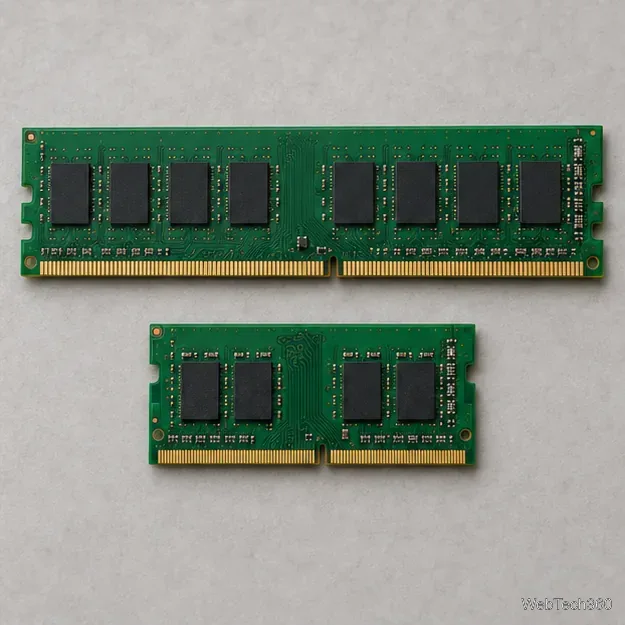 一個全尺寸的桌上型電腦 DIMM 記憶體位於一個較短的筆記型電腦 SO-DIMM 記憶體上方,可以看到觸點和凹槽。