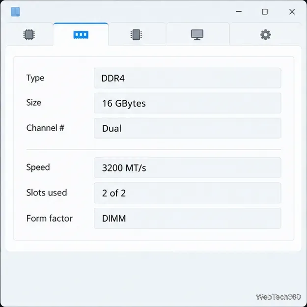 通用記憶體公用程式摘要顯示 DDR4 類型、16 GB 容量、3200 MT/s 速度和兩個 DIMM 插槽。
