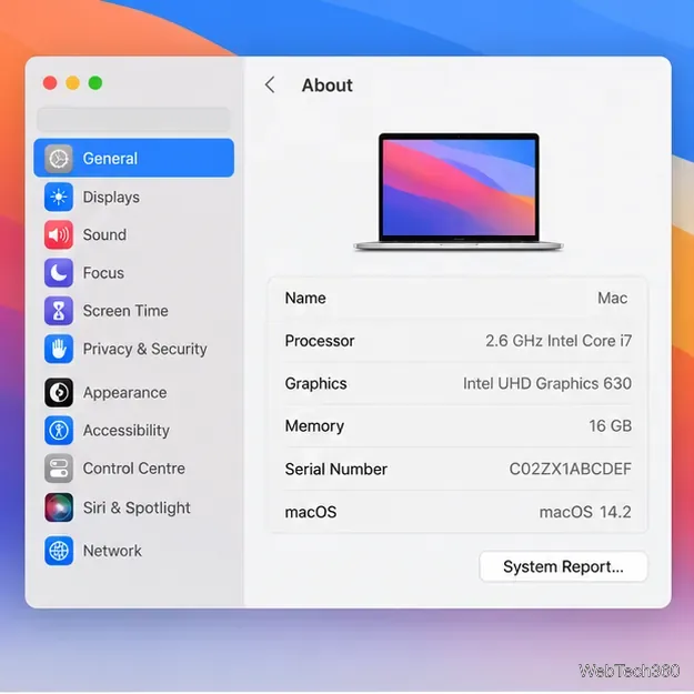 Mac 的「關於本機」畫面顯示記憶體容量為 16 GB,以及處理器和 macOS 詳細資訊。