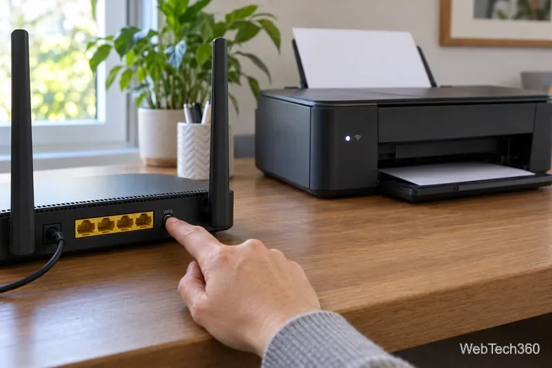 無線プリンターが近くにある状態で、人がルーターのWPSボタンを軽く押します。