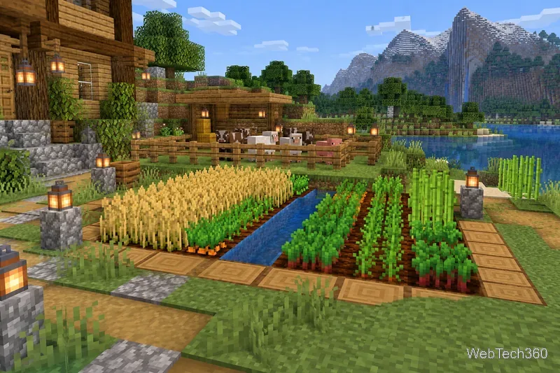 Minecraft crop rows irrigated by a narrow water channel beside a fenced pen of farm animals